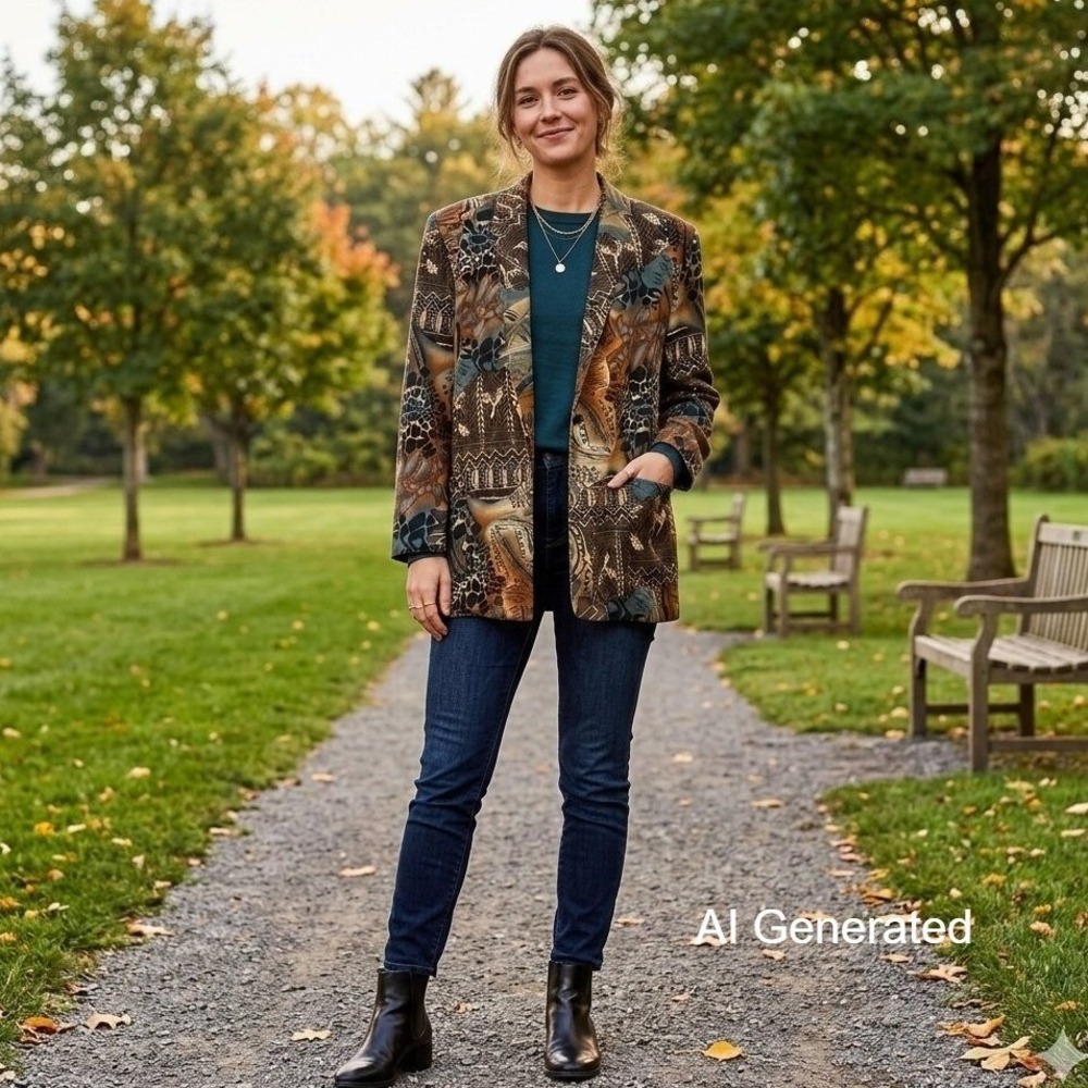 Kensington Square Vintage Animal Tribal Print Blazer Jacket Brown Blue XL USA